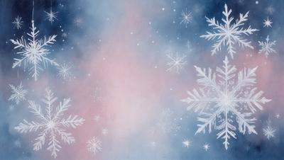 The primary subject of the image is a beautiful snowy scene with a pink background. The setting is a night sky filled with snowflakes, creating a serene and peaceful atmosphere. The visual style of the image is a combination of a photo and digital art, giving it a unique and artistic appearance. The dominant colors in the image are pink and white, with the snowflakes adding a touch of blue.